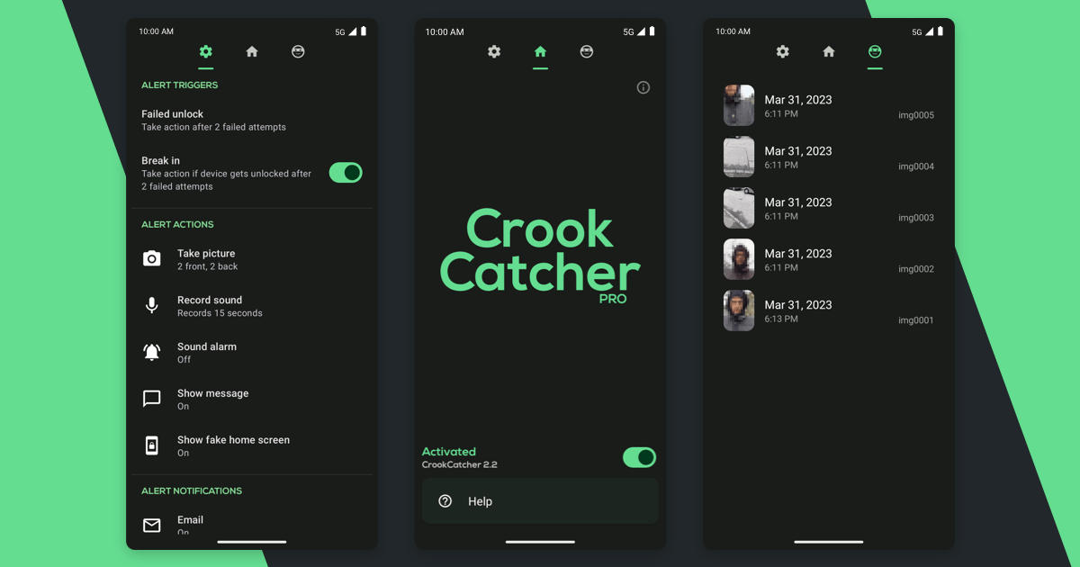 CrookCatcher app interface showing security features