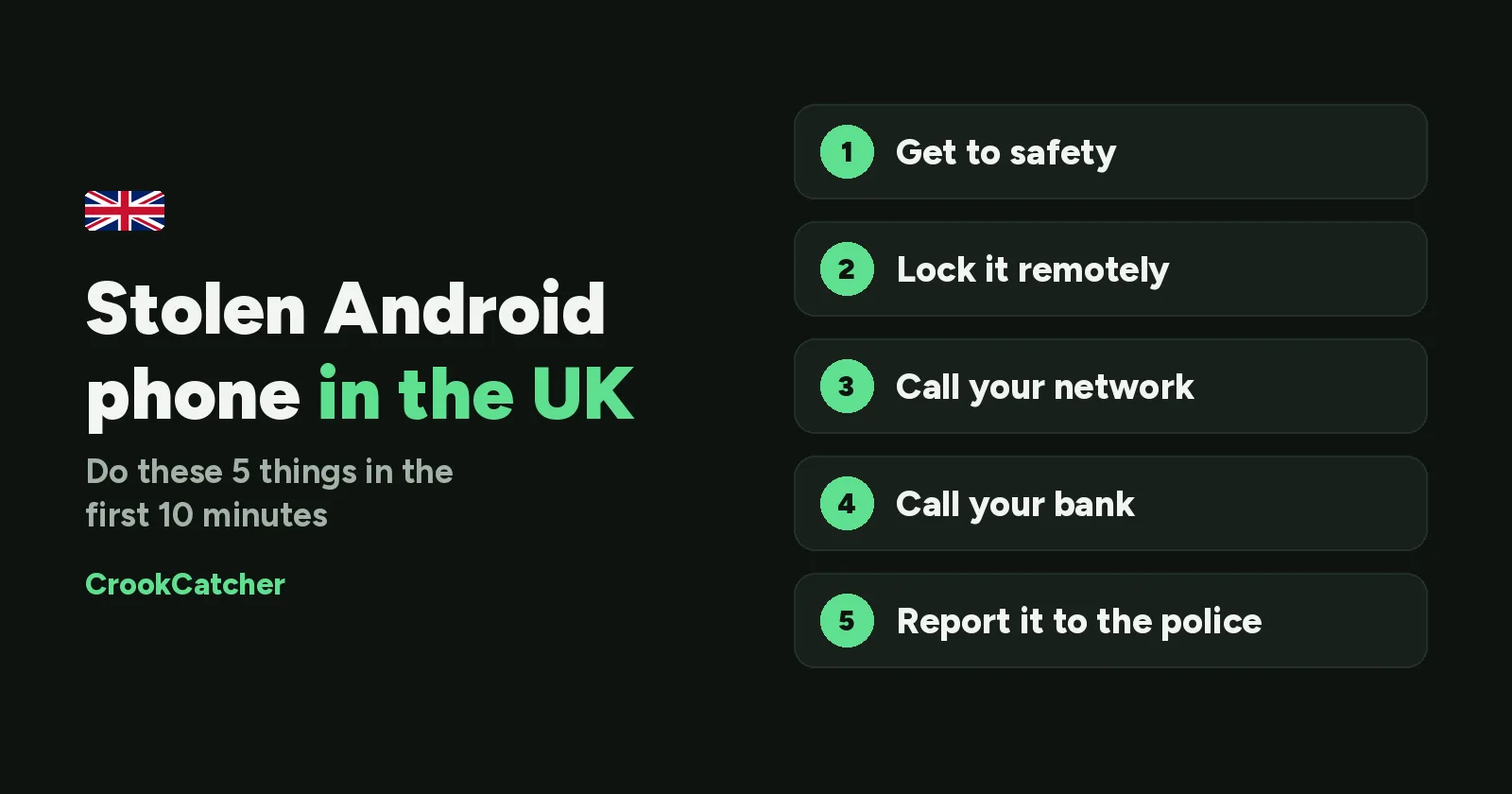 Android phone stolen in the UK? What to do in the first 10 minutes: get to safety, lock it remotely, call your network, call your bank, report it to the police