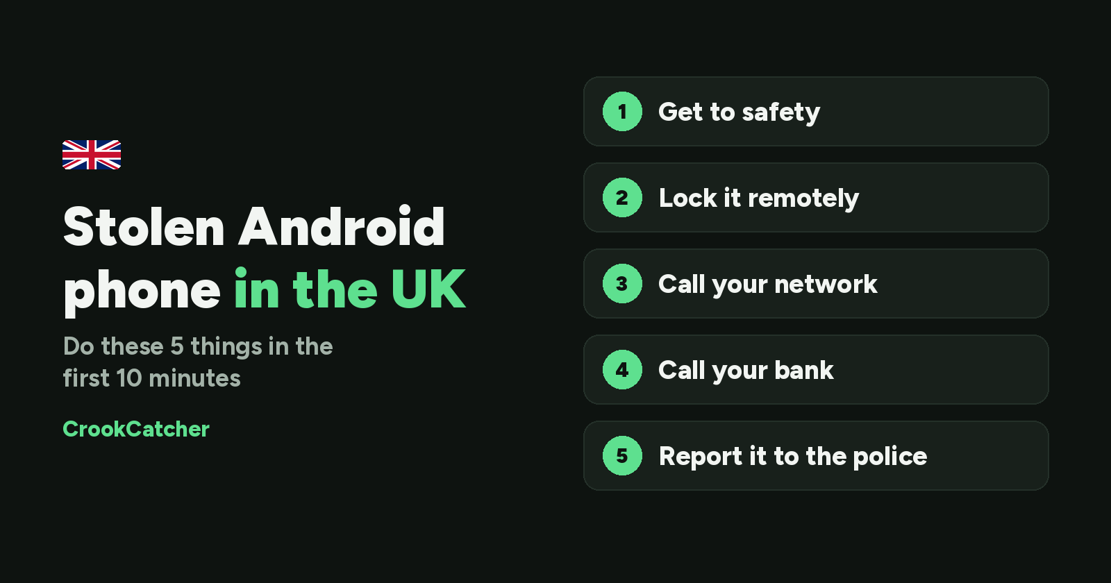 Android phone stolen in the UK? What to do in the first 10 minutes: get to safety, lock it remotely, call your network, call your bank, report it to the police