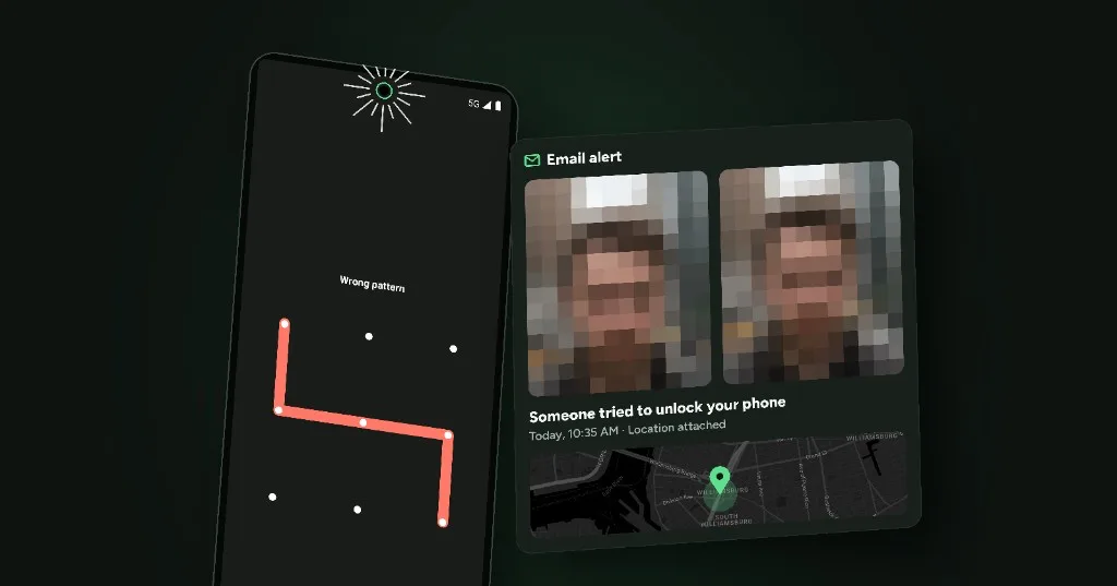 Phone showing a wrong pattern unlock attempt next to a CrookCatcher email alert with intruder photos and location