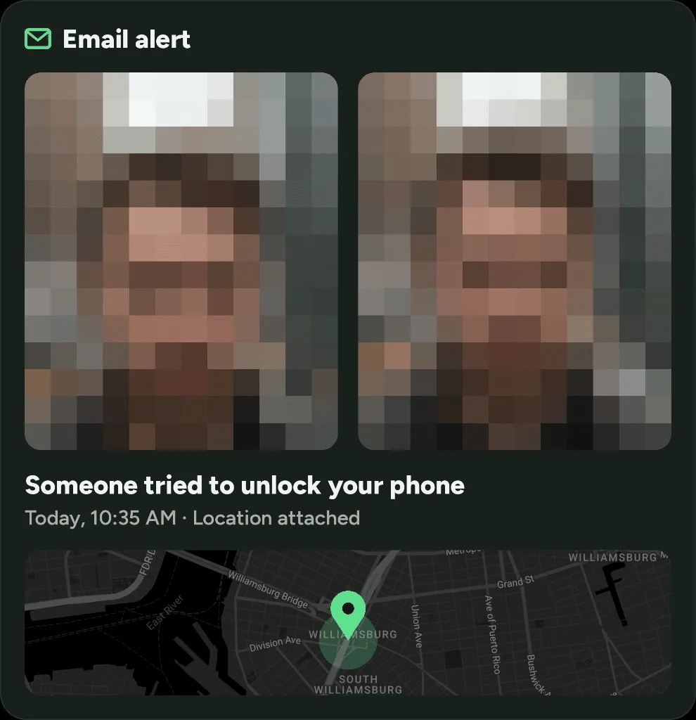 CrookCatcher email alert showing two intruder photos, unlock attempt message, time, and a map with location pin